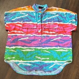 Vintage Liz Claiborne Colorful Striped Short Sleeve button up blouse L